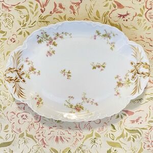 Antique Haviland Limoges Oval Serving Platter 11" Pink Floral Motif Gold Gilt